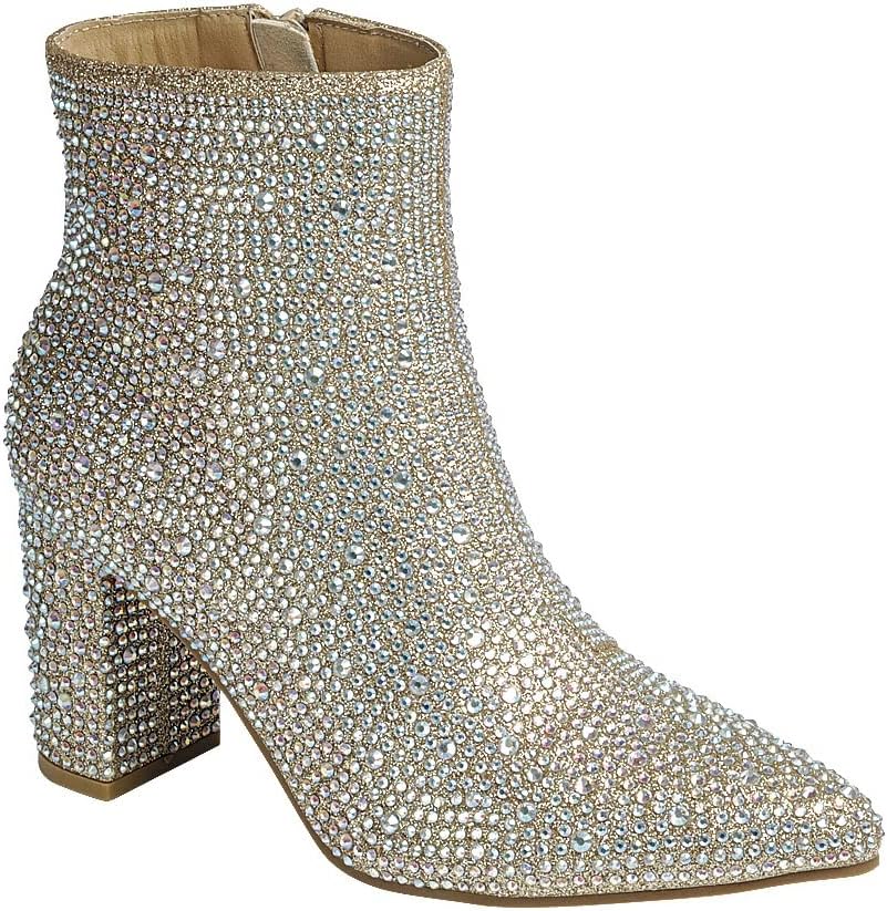 ABSOLEX Women Ankle Booties - Rhinestone Block Heel