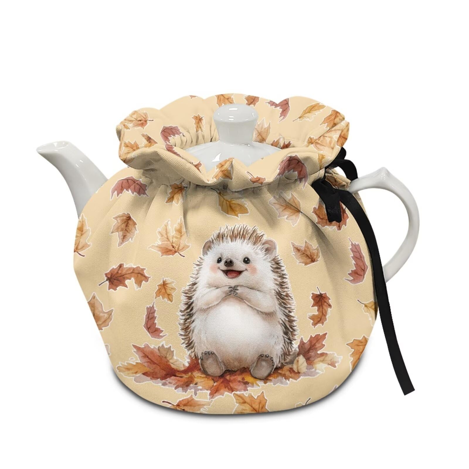 Teapot Cosy Hedgehog Print Teapot Dust Cover Maple Leaf Print Tea Cozy for Teapot Portable Decorative Teapot Insulation Cover Dust-Proof Tea Pot Cozy Cover, Brown