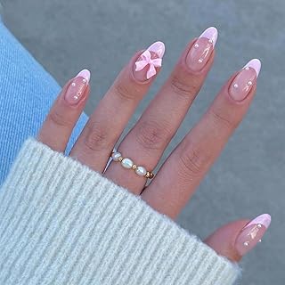 24Pcs French Press on Nails Almond Fake Nails with Bow Pearl Design Pink French Tip False Nails Cute Pink Press on Nail Tips Glossy Artificial Nails Acrylic Stick on Nail for Women Manicure