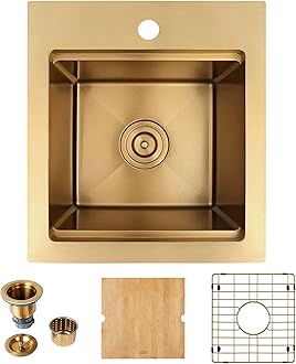 LQS Brushed Gold Finish Kitchen Sink, Small Gold Drop In Bar Sink 16” x 18” with Cutting Board, 16 Gauge Stainless Steel Golden Kitchen Sink, 10” Depth For Daily Use, Outdoor and Prep Use