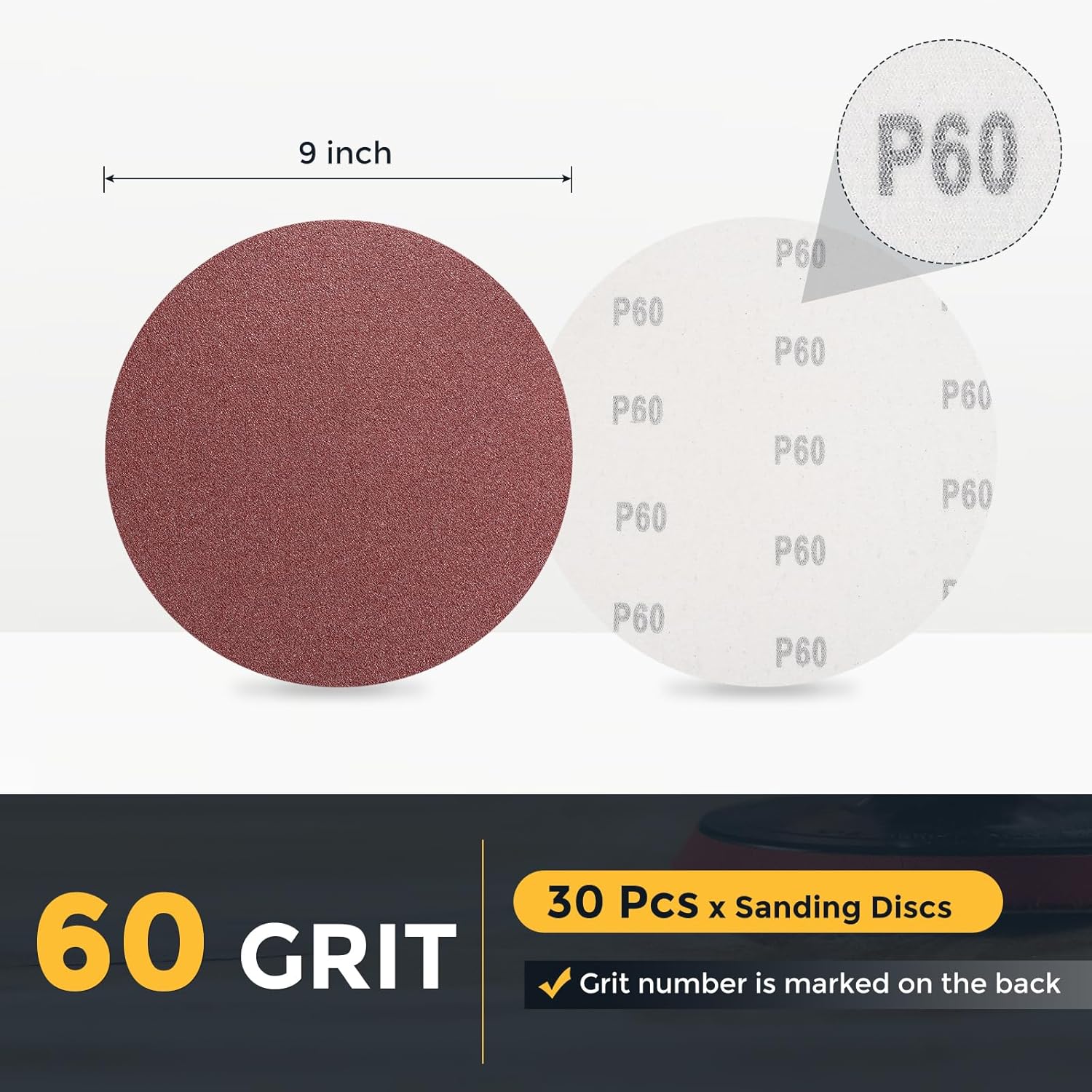 HARFINGTON 30 Pcs 9 Inch Sanding Discs, 60 Grit Hook and Loop Sandpaper, No-Hole Aluminum Oxide Orbital Sander Sandpaper for Woodworking Automotive Metal Polishing, Red