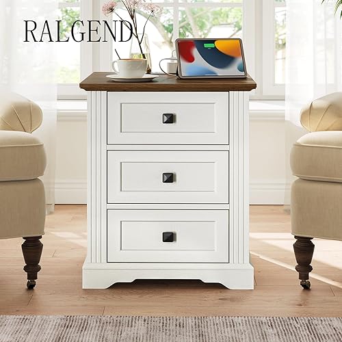 Miniatura 3 de Mesita de noche con 3 cajones, mesa auxiliar de 18 pulgadas de ancho con estación de carga, mesita de noche de granja, mesa auxiliar para