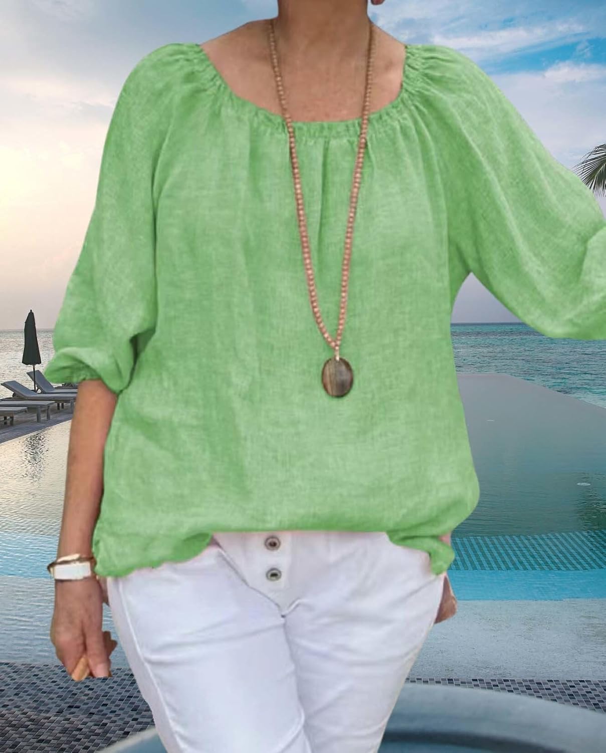 Summer Casual Womens Linen Shirt Round Neck Half Sleeve Linen Loose Pleated Tops Fashion Blouse T Shirt - Image 3