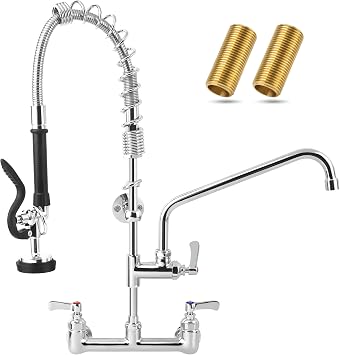 Commercial Sink Faucet - 25" Height Wall Mount With Pre-Rinse Sprayer - 8" Adjustable Center and 12" Add-on Swing Spout, Kitchen Faucet With Pull Down Spray Chrome