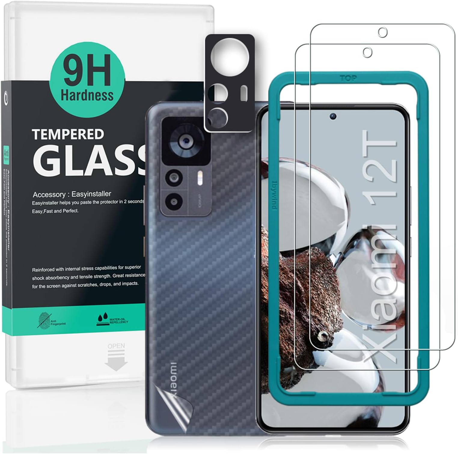 Ibywind 2 Pack Screen Protector For Xiaomi 12T 5G 6.67",9H Hardness Tempered Glass,With 1Pc Camera Lens Protector,1Pc Back Carbon Fiber Film,Anti-Scratch