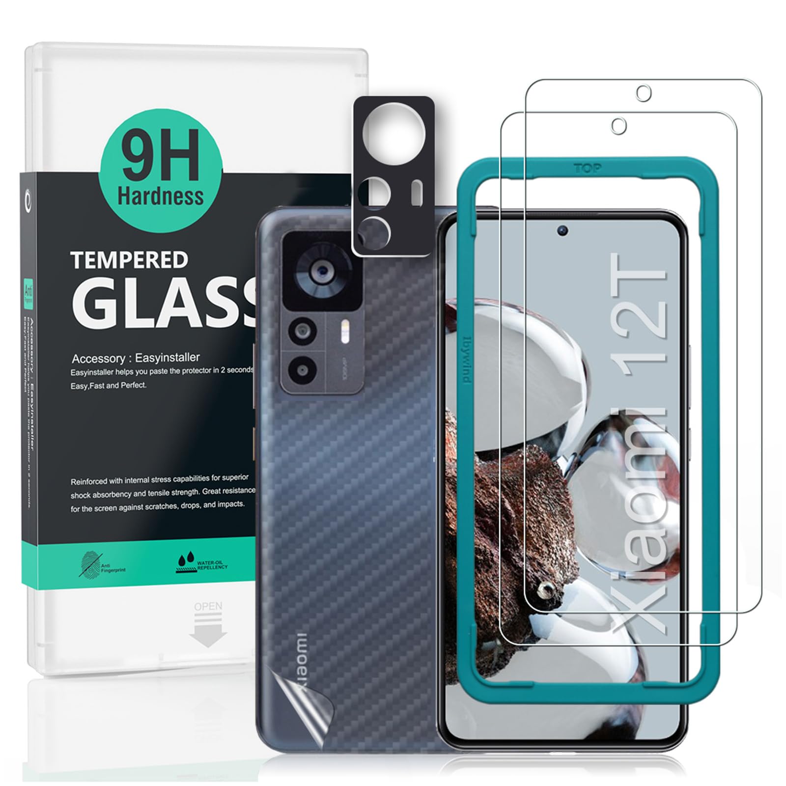 2 Pack Screen Protector For Xiaomi 12T 5G 6.67",9H Hardness Tempered Glass,With 1Pc Camera Lens Protector,1Pc Back Carbon Fiber Film,Anti-Scratch