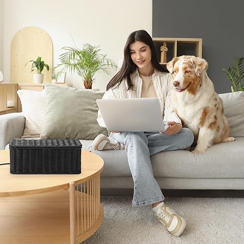 Miniatura 9 de Delamu Caja pequeña de gestión de cables hecha a mano de ratán, organizador de cables con 2 ranuras abiertas, caja oculta para cable de escritorio