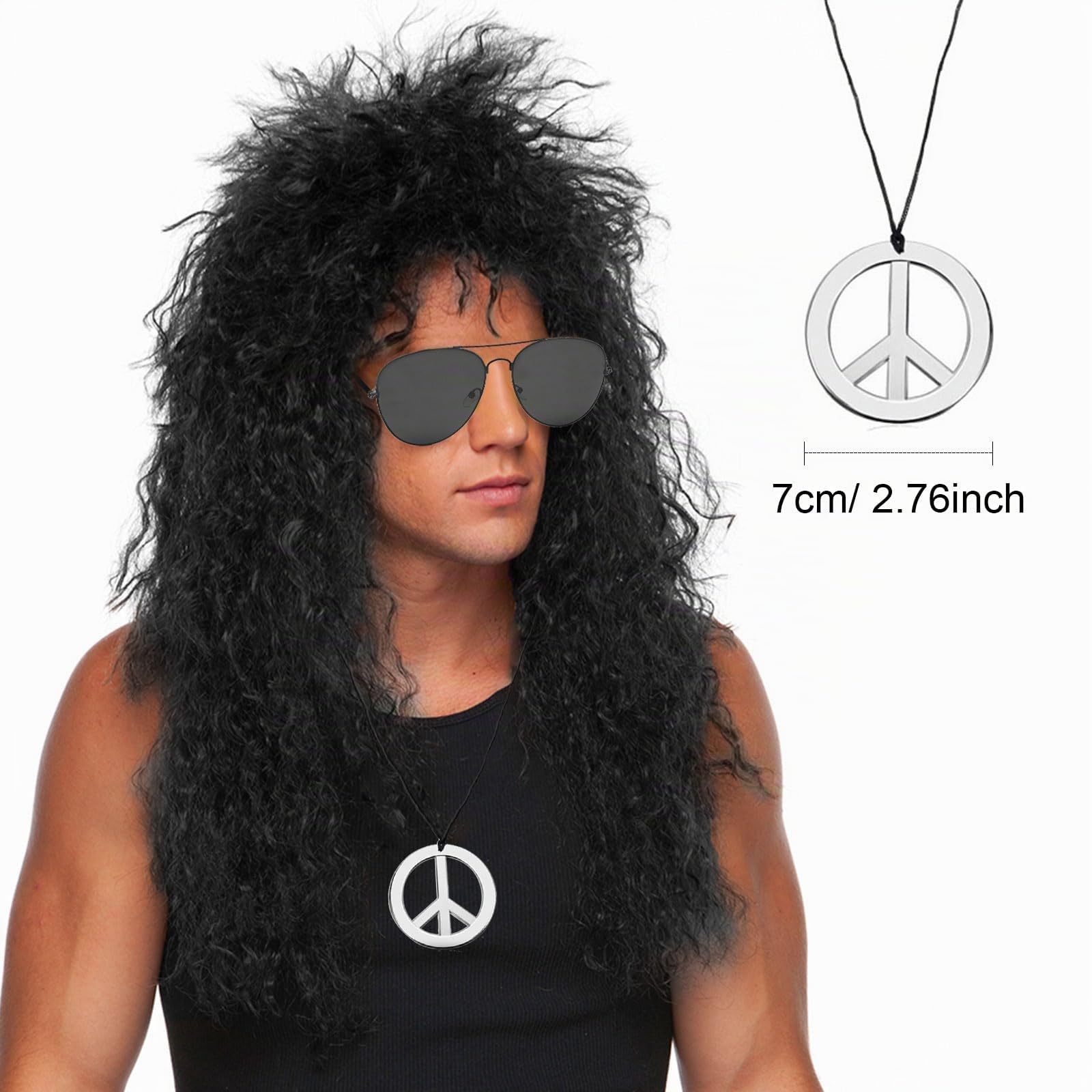 MIVAIUN 4 Pezzi Set di Parrucche Rock, Set di Costumi Hippie per Uomo Donna,Set di Costumi Anni '70 '80 Parrucca Rock Riccia, Occhiali da Sole Collana Bandana Pace per Halloween Rave Party