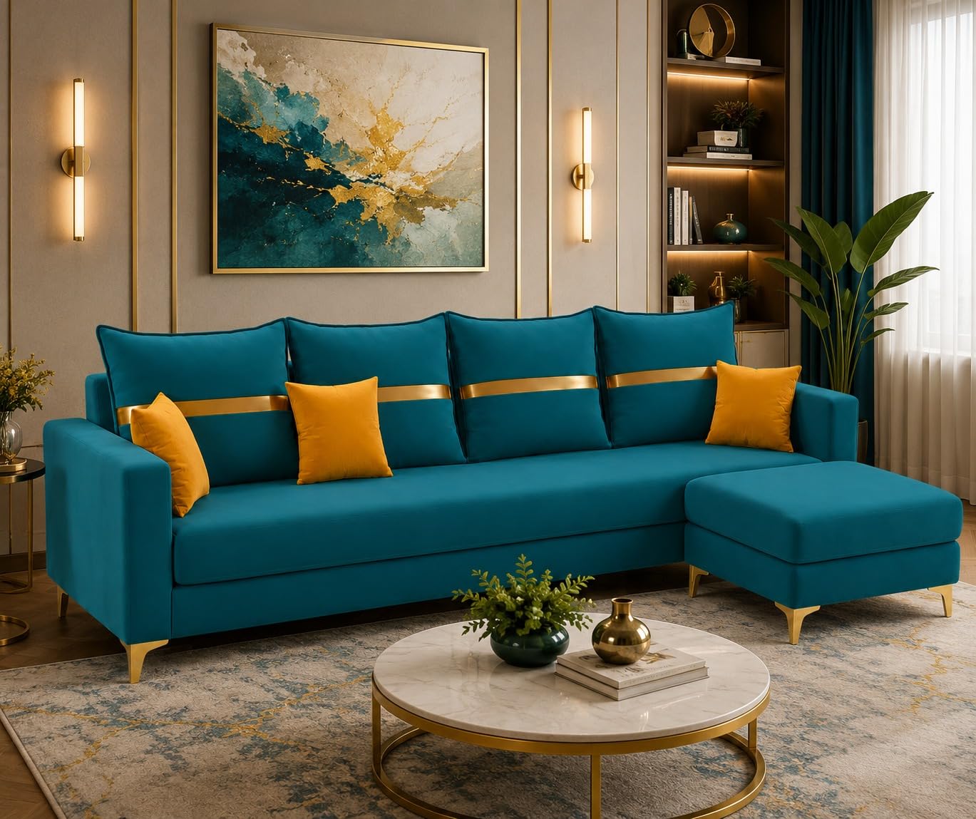 Alvaro Diamond 5 Seater L Shape Sofa with Ottoman, Velvet Fabric Sofa Set for Living Room, Space Saving Sectional Corner Sofa for Home & Office - Aquamarine Blue-image-35