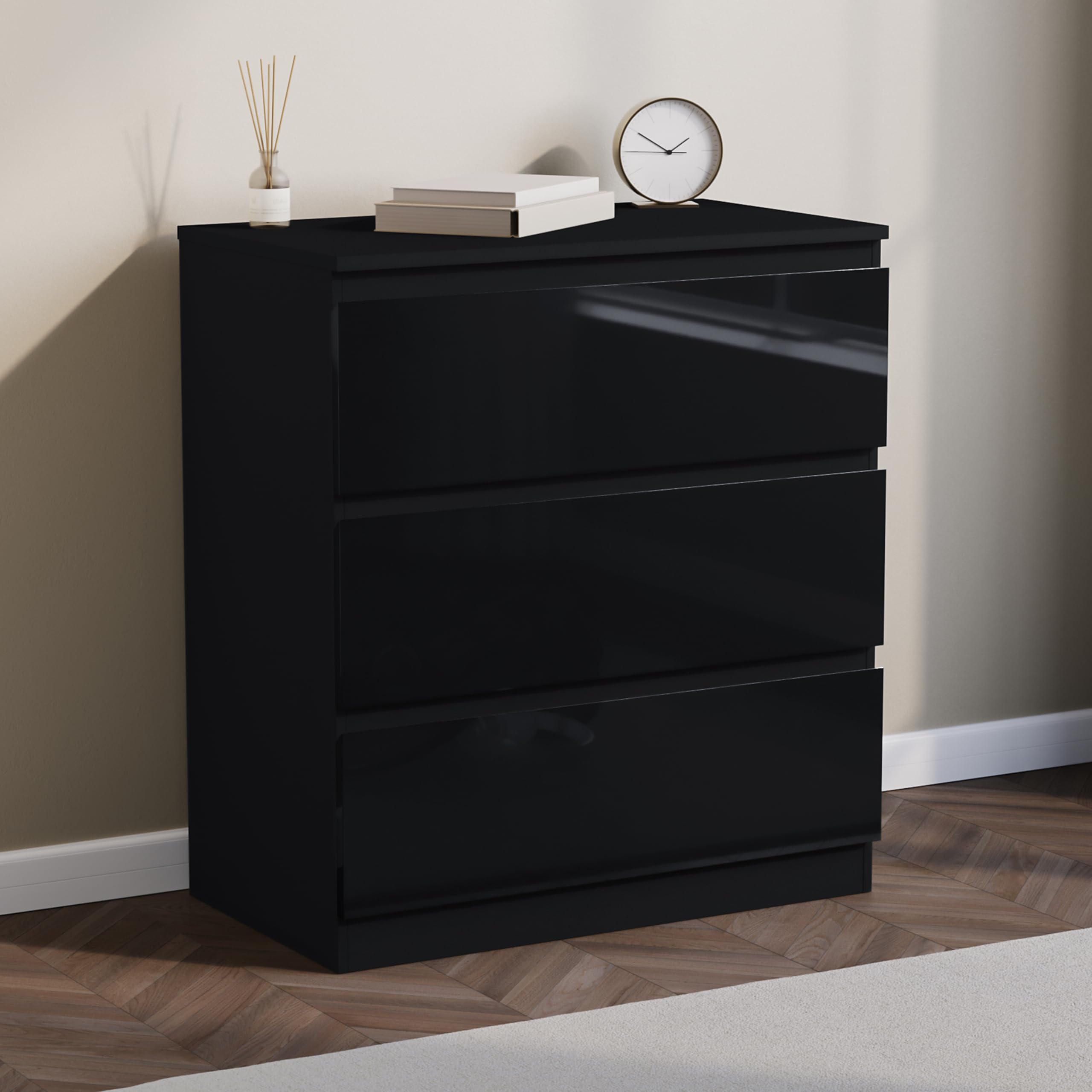 Vida Designs Glinton 3 Drawer Chest of Drawers | Black | 77H x 70W x 40D cm | Stylish High-Gloss | Compact Space-Saving Nightstand | Smooth Glide Drawer | Ideal Furniture for Bedroom, Guest Room