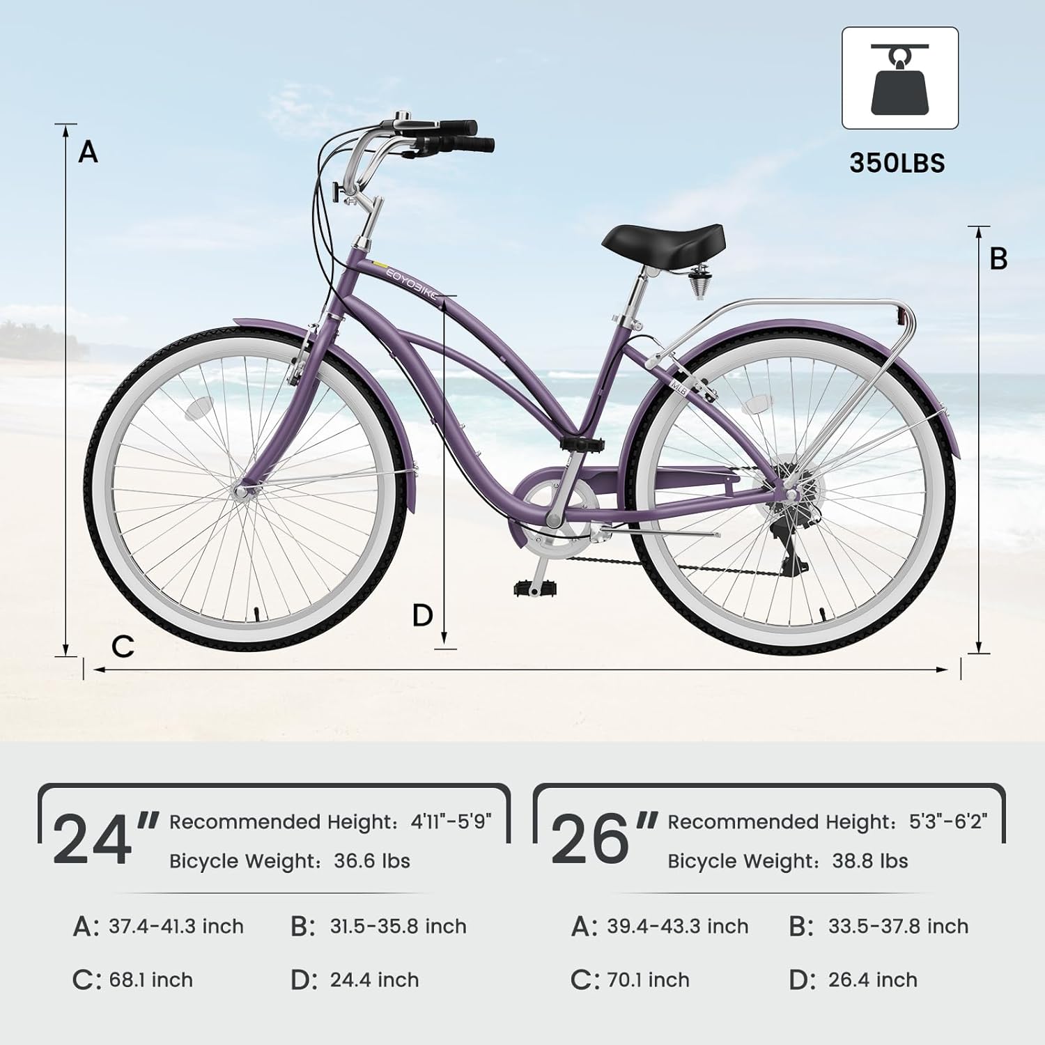 H&ZT 24” 26“ Adults City Bike, 7 Speed Beach Cruiser Bike, Hi-Ten Steel Frame, Front Basket, Rear Shelf, Classic Vintage, Ideal for Urban Commuting and Beach Rides