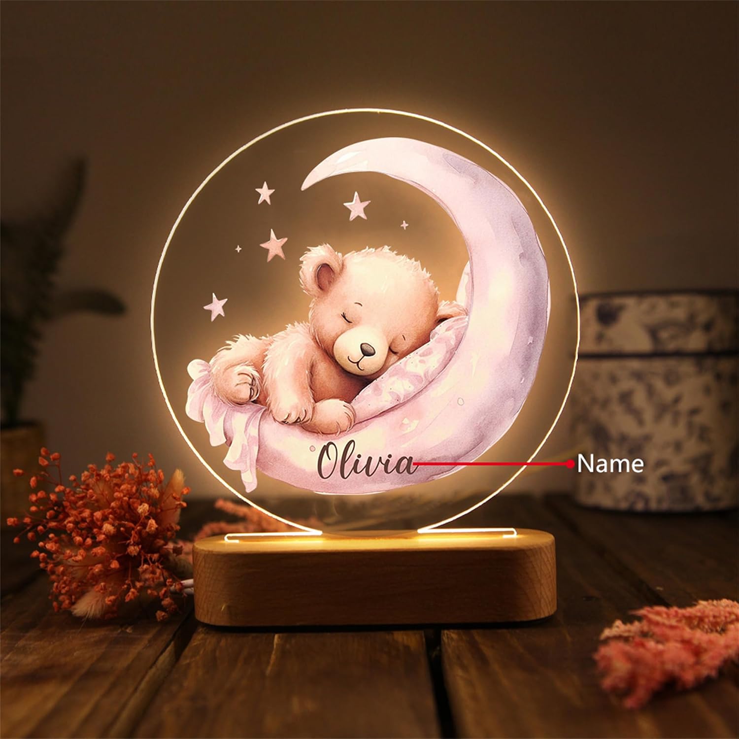 Personalized Baby Bear Night Light – Custom Name LED Lamp – Nursery Decor for Newborn, Gifts from Parents or Grandparents