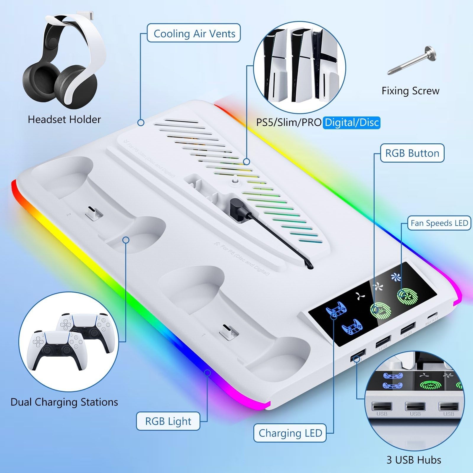 Caricabatterie controller per PS5/PS5 Slim/Pro: supporto per ventola di raffreddamento PS5 e stazione di ricarica per controller, accessori sottili PS5/PS5 dock di ricarica verticale per console