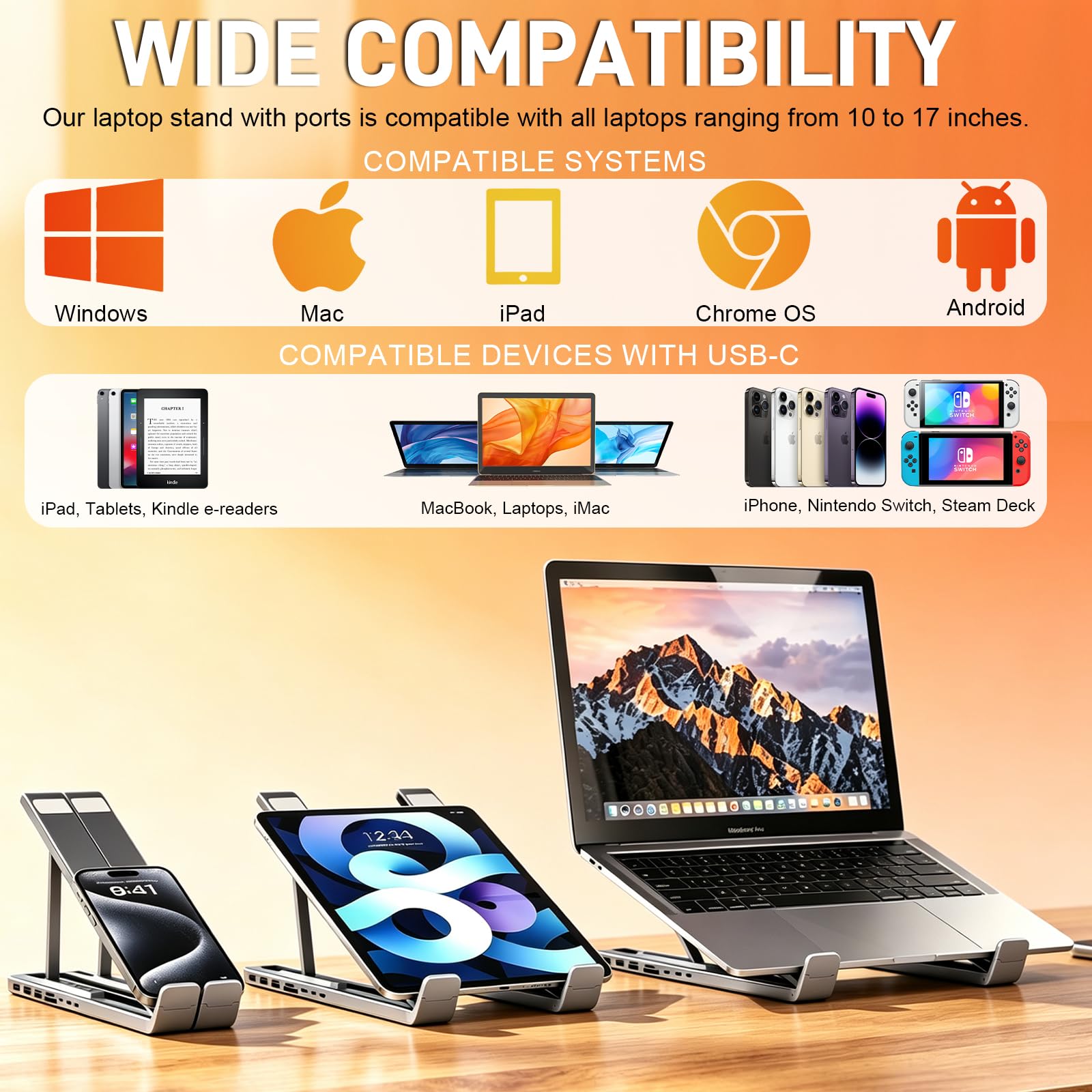 Soporte Ordenador Portátil, 9 en 1 Docking Station USB C con HDMI 4K a 60 Hz, USB 3.0, PD de 100 W, SD/TF, USB-C y RJ45, Universal Estación de Acoplamiento Laptop Stand Compatible con MacBook, Windows