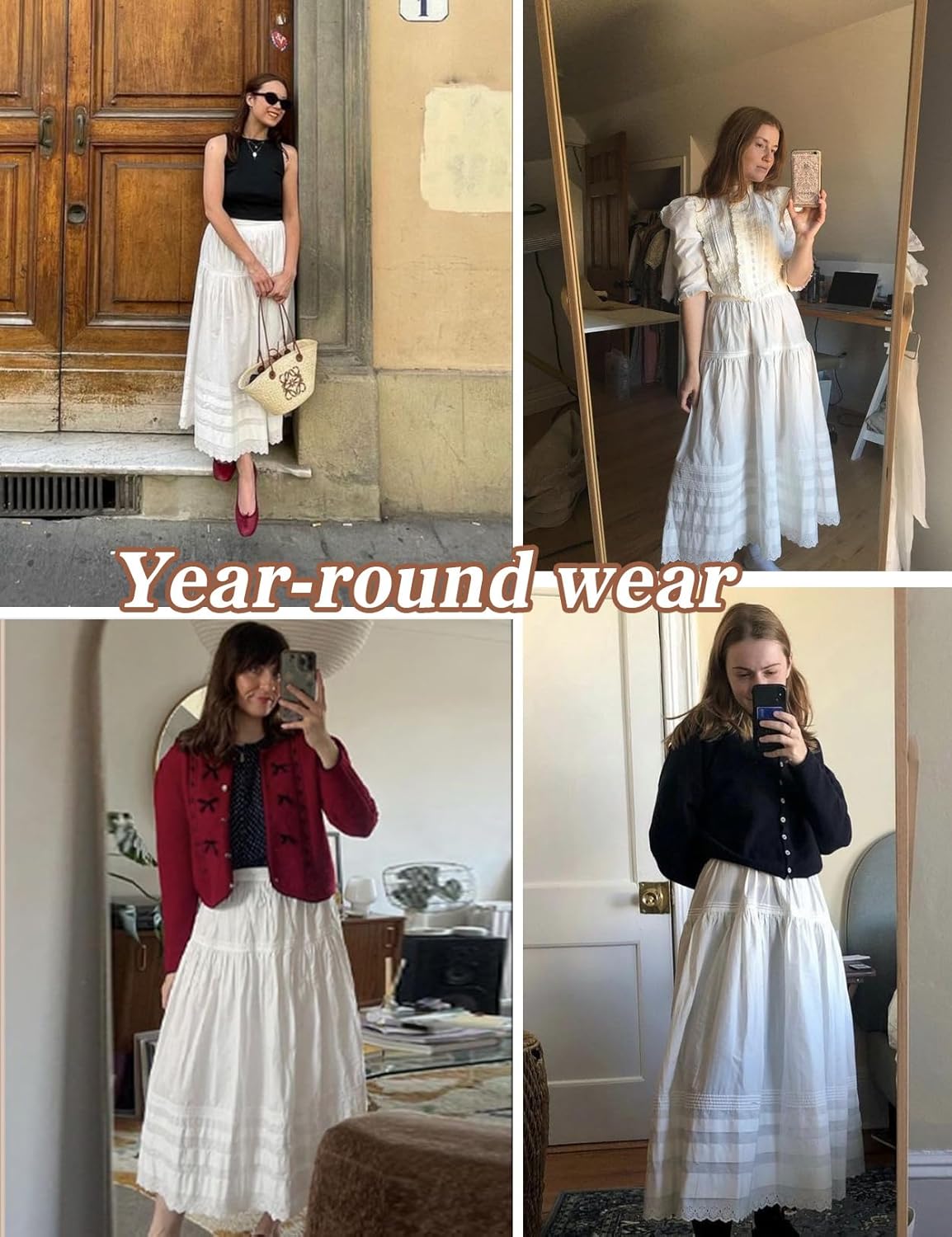 100% Cotton Women White Maxi Skirt Elastic Waist Peasant A Line Flowy Swing Lace Skirt Dress No Lining - Image 4