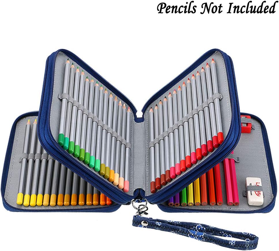 BTSKY Zippered Pencil Case-Canvas 72 Slots Handy Pencil Holders with Printing Pattern for Prismacolor Watercolor Pencils, Crayola Colored Pencils, Marco Pencils Blue Flower