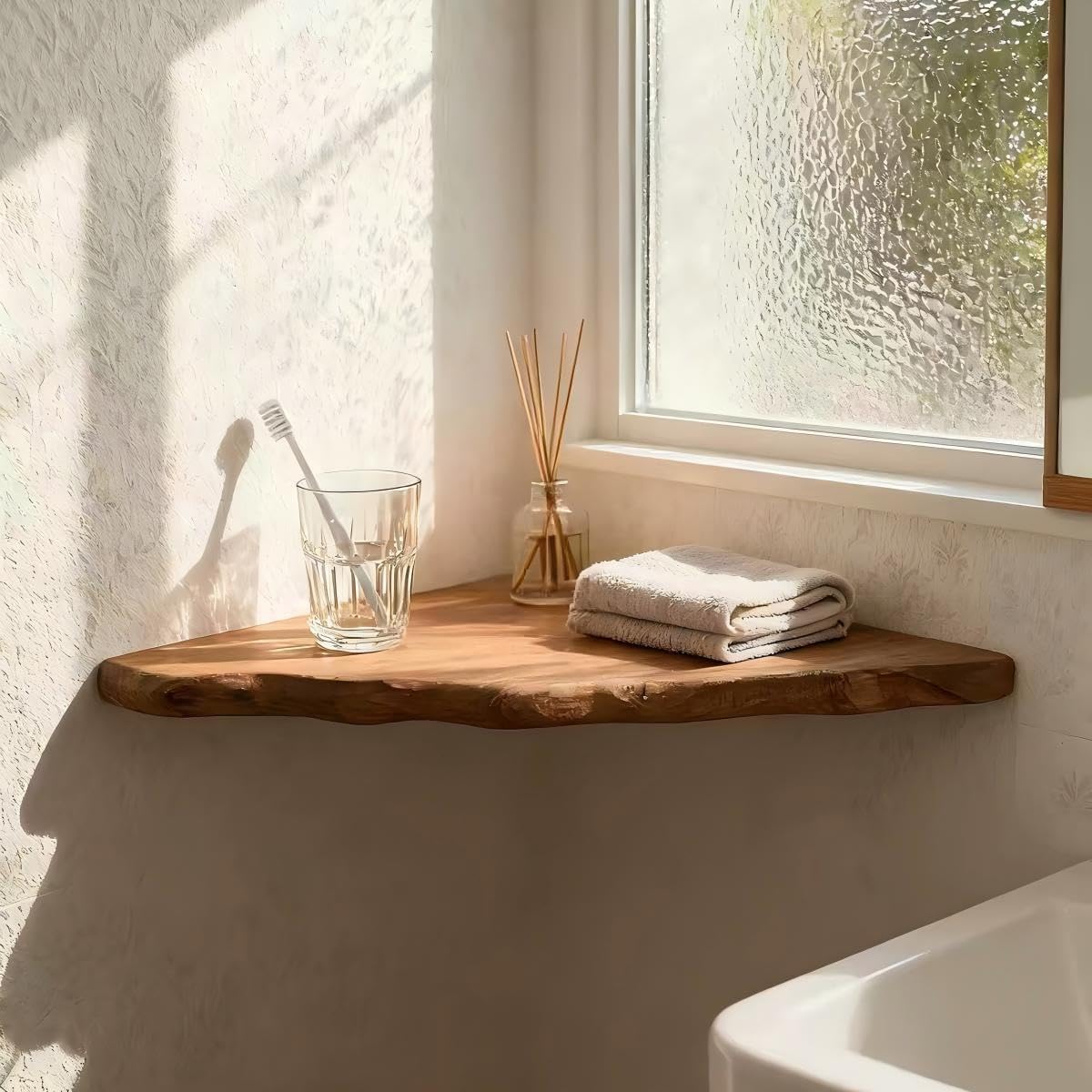 Solid Reclaimed Camphor Wood Corner Floating Shelf*2,Wall Mounted | 10.5 x 10.5In,Wood Shelves,Unique Grain,Small Space Solution for Room,Boho wall decor