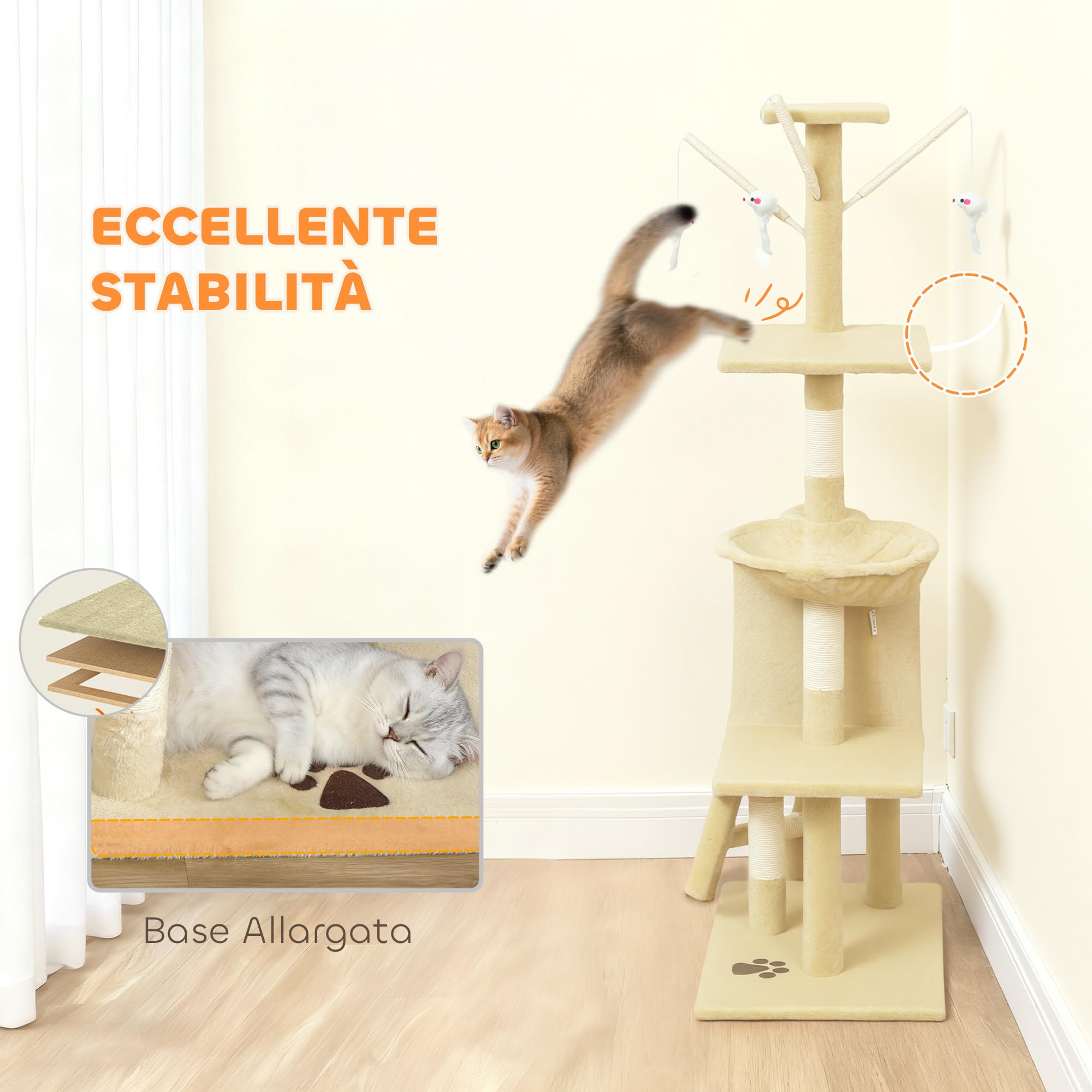 PawHut Albero Tiragraffi con Cuccia per Gatti in Legno Sisal Naturale, Beige, 40x30x131cm | Albero per Gatti Multilivello, 3 Pali Graffiatoi in Sisal, 4 Topolini Appesi, Piattaforme, Scala, Torre per Gattini, Peluche