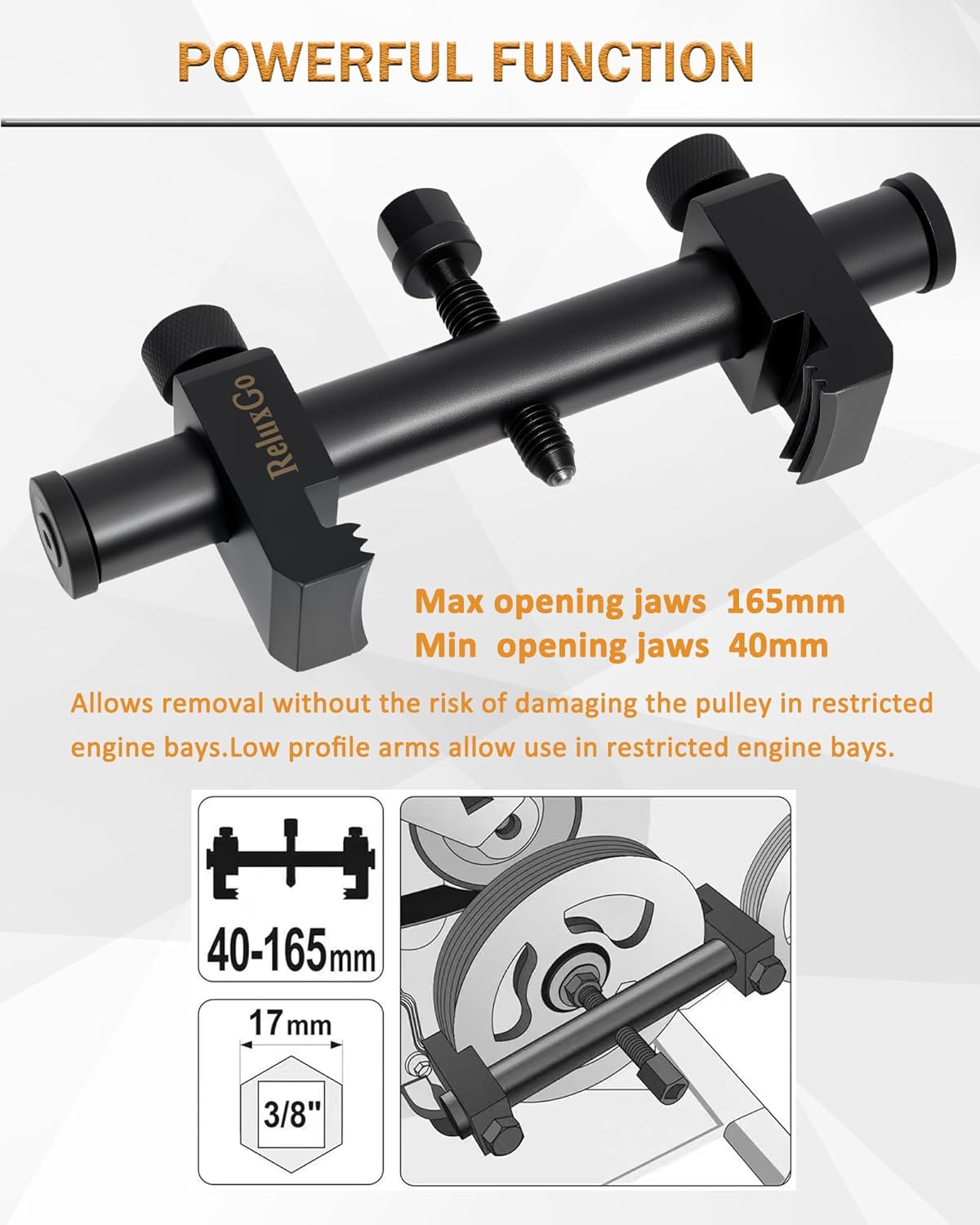 Universal Adjustable Crankshaft Pulley Puller Removal Tool, Ribbed Drive Crankshaft Pulley Remover, AC Pulley Puller Ribbed Puller for Crankshafts, Alternators, A/C Units & Water Pumps (35mm-160mm)