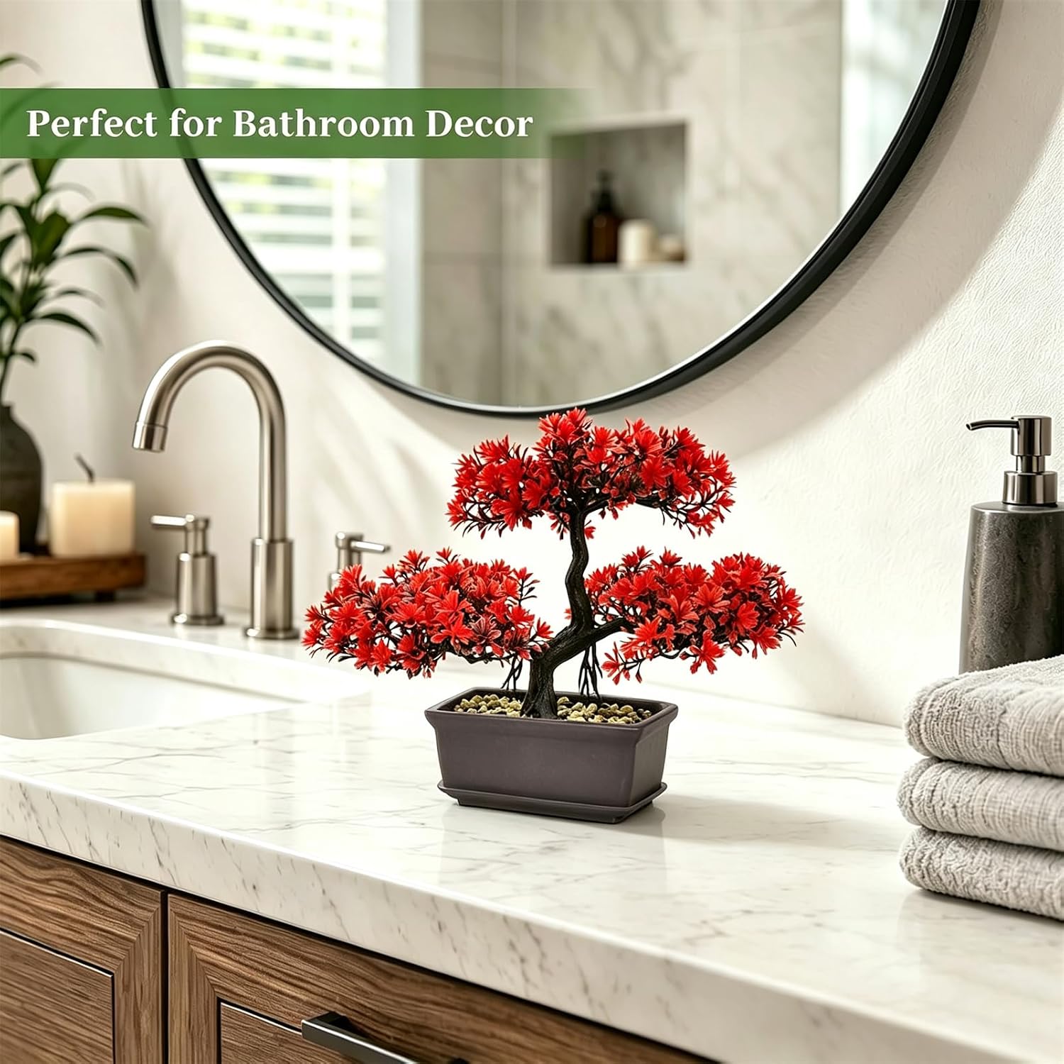 8.66" Artificial Bonsai Tree with Textured Trunk, Broad Canopy and Pebble Base for Bathroom Desk Shelf, Japanese and Zen Decor(Red)