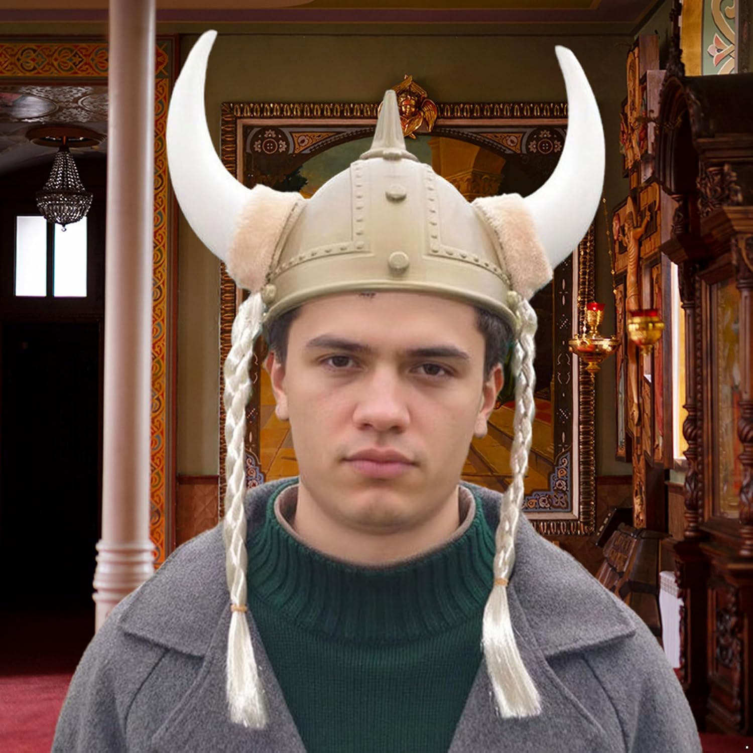 Plastic Viking Warrior Helmet with Horn Accents Norse Featuring Braided Detail