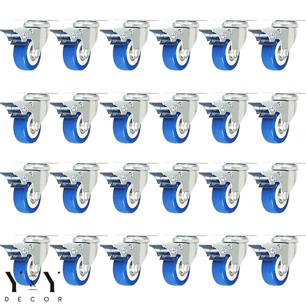 Y&Y Decor 24 Pack Caster Wheels Swivel Plate Casters On Blue Polyurethane Wheels PU (2" w/Brake)