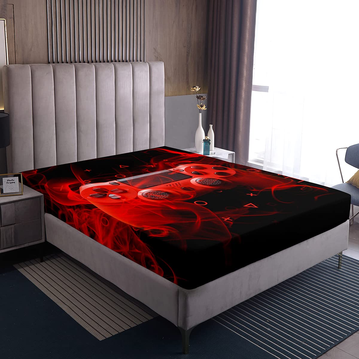 Kids Gamepad Fitted Sheet Red Black Modern Player Fitted Sheet Single for Boys Girls Teenagers Game Controller Teenagers Game Console Box Spring Bed Sheets