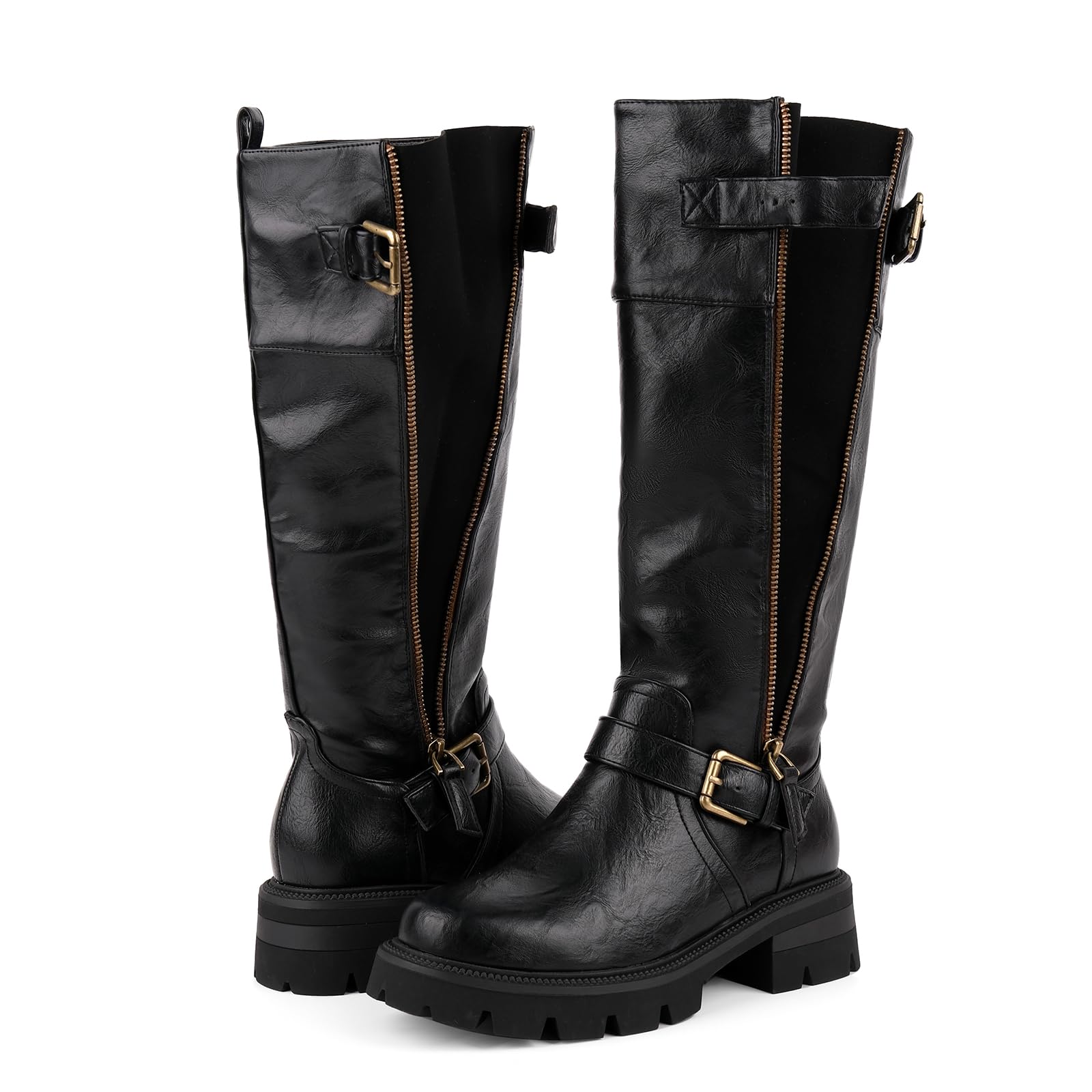 sexytag Womens Knee High Riding Boots with Zipper Platform Chunky Heel Motorcycle Boots with Buckle Straps Fall Winter