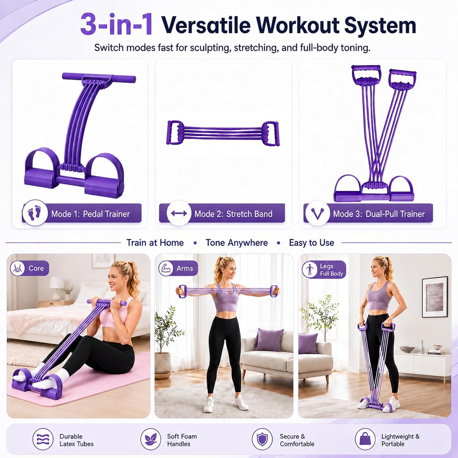 3-in-1 Adjustable Pedal Resistance Band with Handles,2-8Tubes for Women Men | Convertible Adjustable Exercise Band with Handles,Soft Foot Pedals for Full-Body Home Workouts,Pilates,Yoga,Stretching&Toning