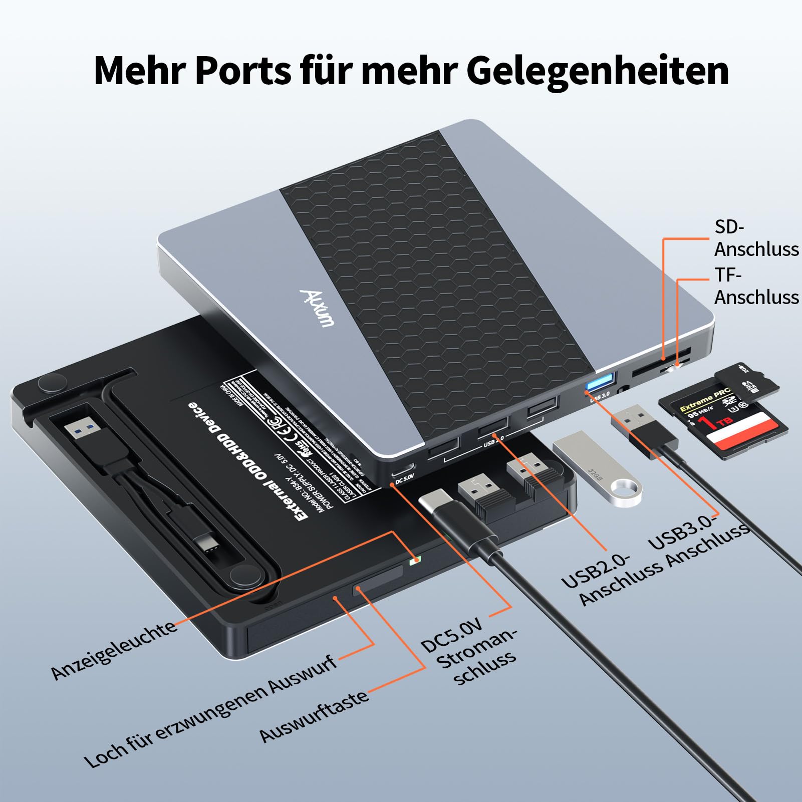 Alxum Externes DVD Laufwerk - USB 3.0 Type C CD Laufwerk extern USB mit SD/TF Kartenleser und USB Anschlüsse, Externer CD Brenner für Laptop,Desktop,MacBook,Windows,Linux,Mac OS,Vista