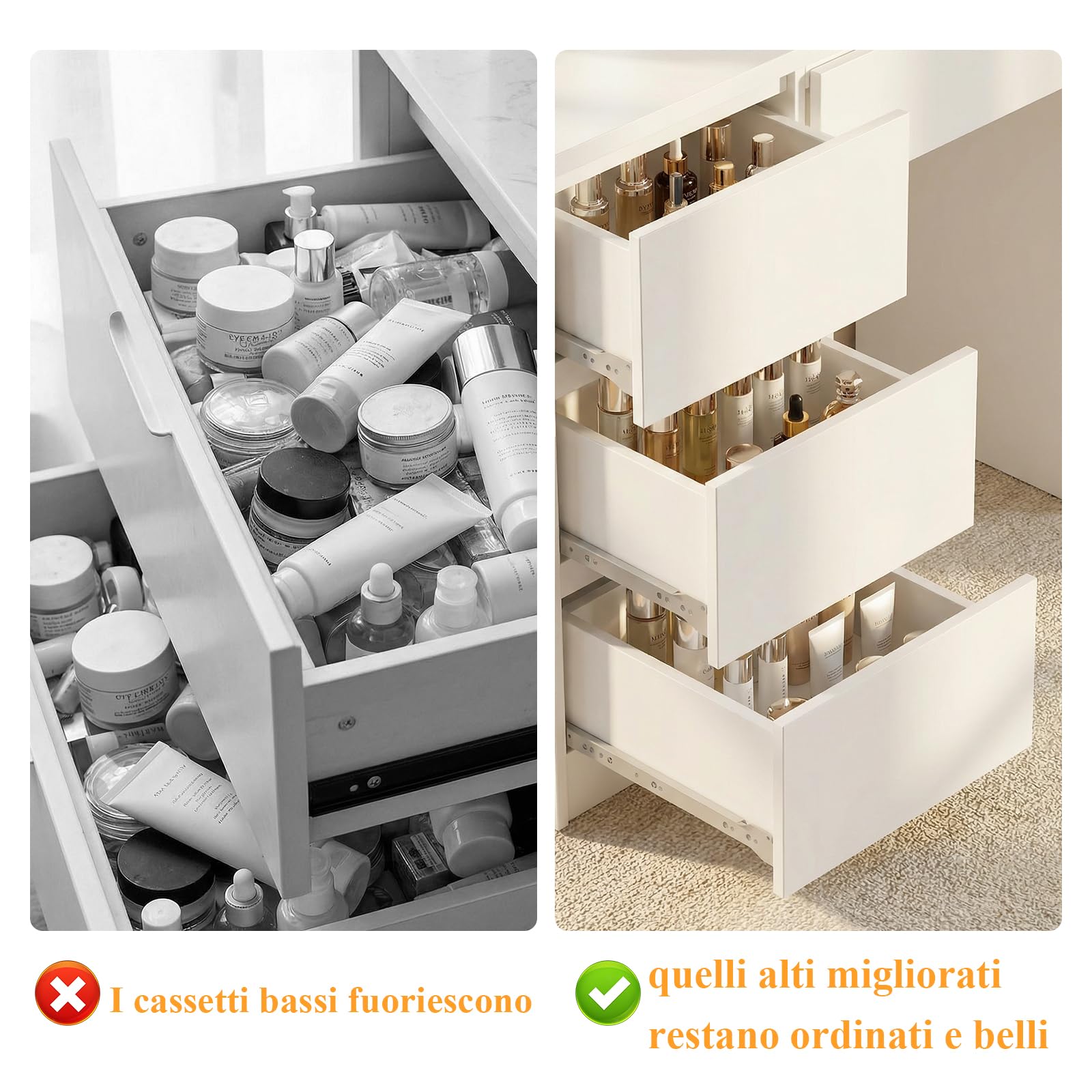 TRIUMPHKEY Toeletta Trucco con Specchio LED XL, Postazione Trucco 110cm con 7 Cassetti Alti per Bottiglie, 3 Ripiani, Design Eco-Sostenibile RCS, Regalo Perfetto, Bianco