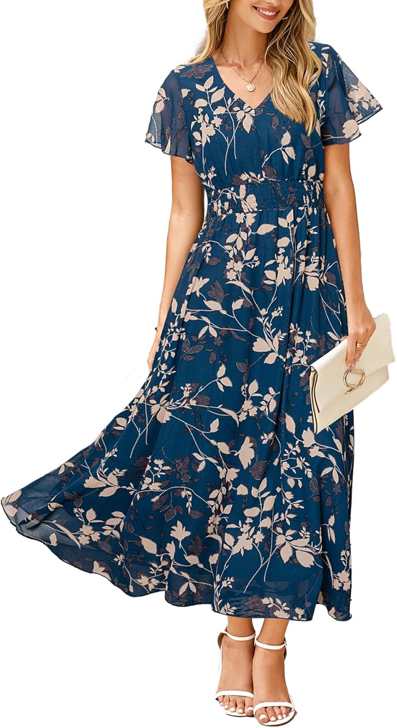 Simplee Womens Floral Maxi Dress – Short Sleeve Summer Boho Wedding Guest Dress Empire Waist Chiffon Modest Midi Dresses