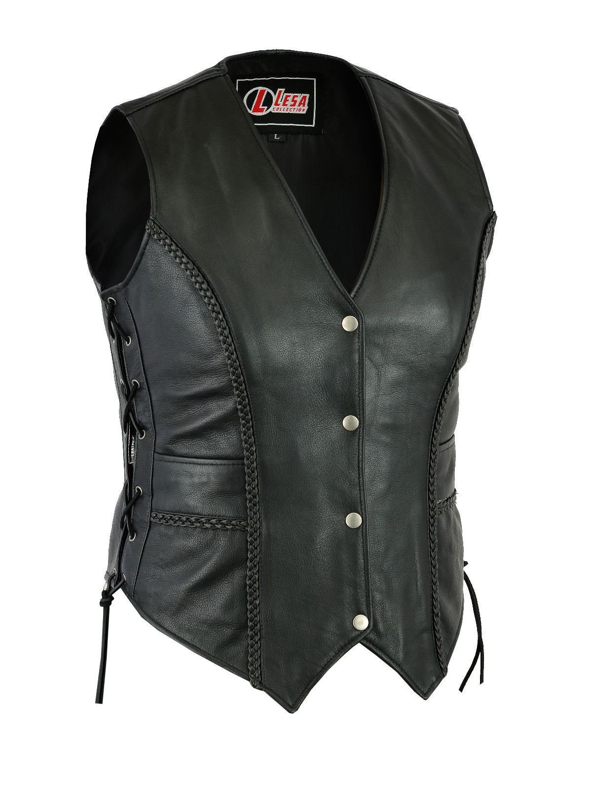Lesa CollectionReal Cowhide Leather Women's Ladies Vintage Vests With Side Laces Classic Motorcycle Biker Waistcoat with Deep Pockets - Black - Medium