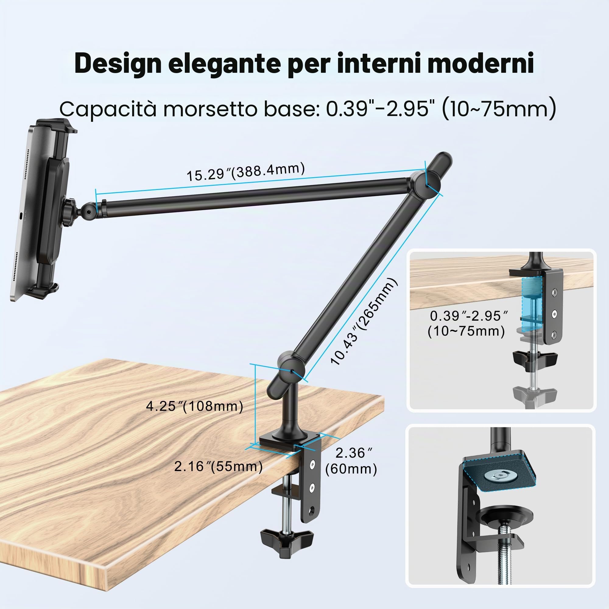 AboveTEK Premium Supporto per Tablet, Supporto per iPad in Alluminio, con Braccio Regolabile e Morsetto, da Scrivania e Letto, con Rotazione a 360°, Compatibile con Dispositivo da 4,7"-13,5" - Nero