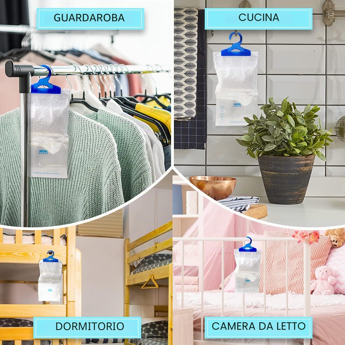 ANSIO 12 sacchetti per deumidificatori per armadio, assorbitori di umidità, condensa, deumidificatori per umidità, muffa, camera da letto, roulotte, bagno, cantina, ufficio, 210 g ciascuno