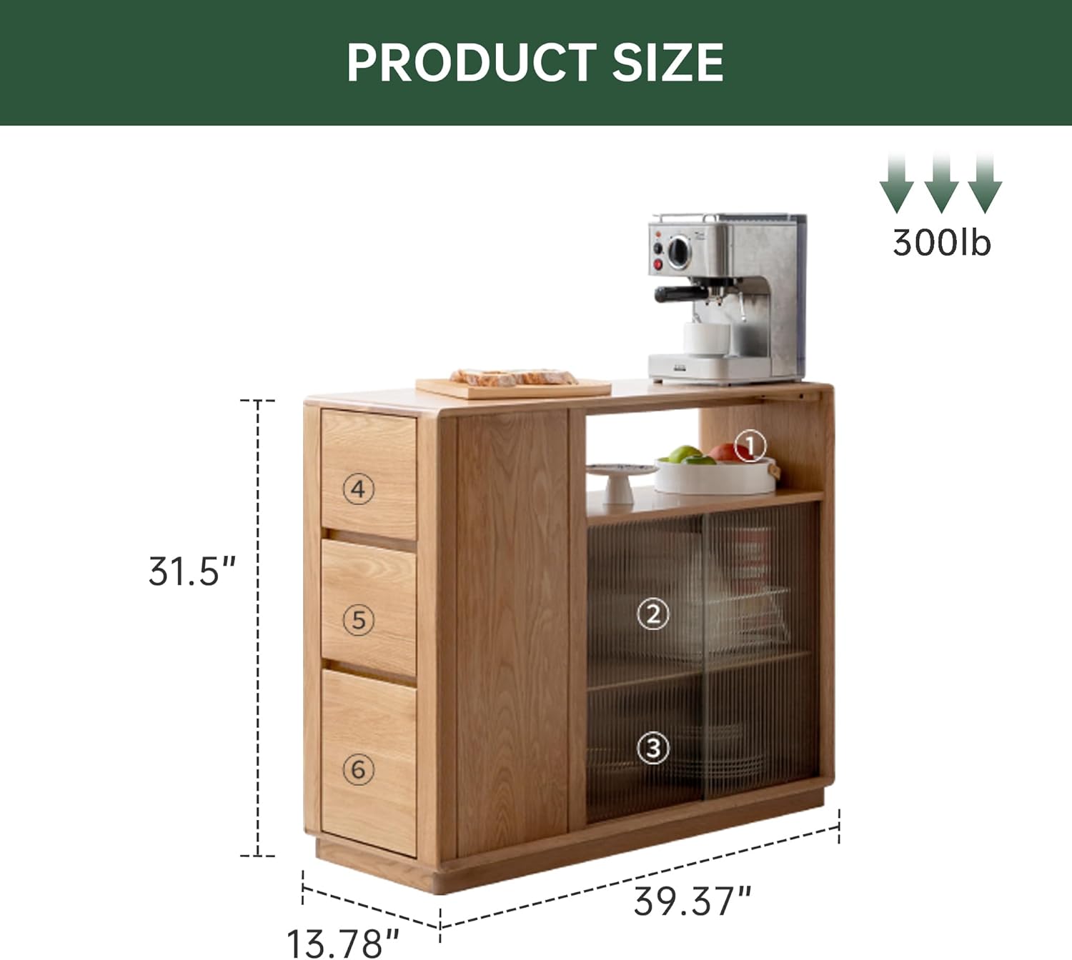 Solid Oak Sideboard Coffee Bar Cabinet, Double-Sided Storage with Fluted Glass Sliding Door & Drawers, Fully Assembled Mid-Century Modern Cabinet for Kitchen, Dining & Living Room