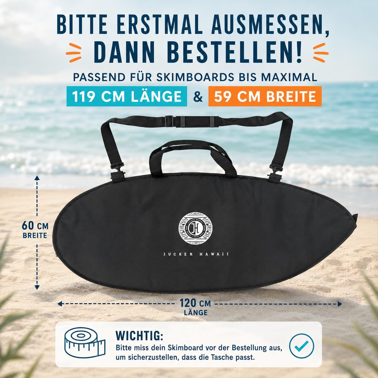 JUCKER HAWAII Skimboard Tasche für Skimboards bis 119 cm x 59 cm mit wasserdichter Innenseite und abnehmbarem Schultergurt, Skimboard & Travelbag mit Tragkraft bis 15 kg