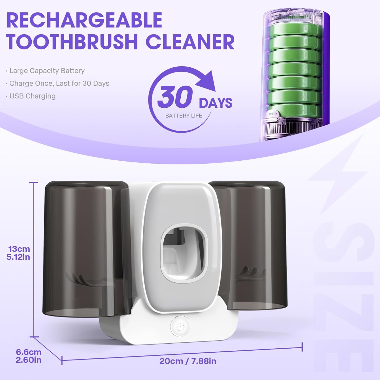3 in 1 Toothbrush Cleaner Holders,Rechargeable Wall Mounted Toothbrush Holder Toothpaste Dispenser Automatic 2 Cups Tooth Brush Holder for Bathroom, No Drilling, 4 Slots (Grey) - Image 6