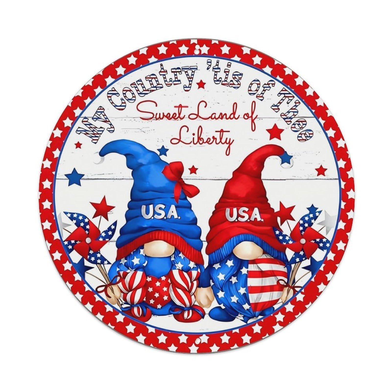 Patriotic Gnomes With Stars And Stripes Vintage Metal Tin Sign Retro Wall Decor for Home Bar Garage Cafe, Indoor & Outdoor Decorative，circle Metal Poster, 8x8 Inch