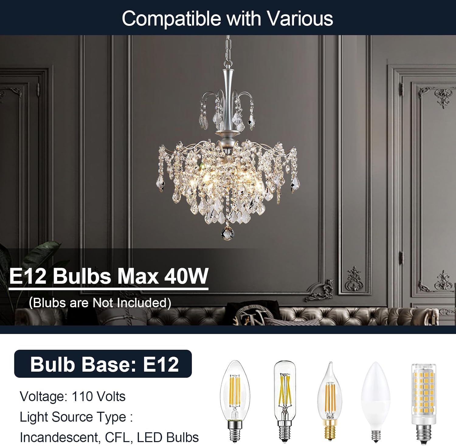 Modern Crystal Chandelier, Chrome Candle Chandeliers for Dining Room Lighting Fixtures Hanging, Kitchen Ceiling Hanging Pendant Light for Bedroom Living Room Kitchen Island Hallway