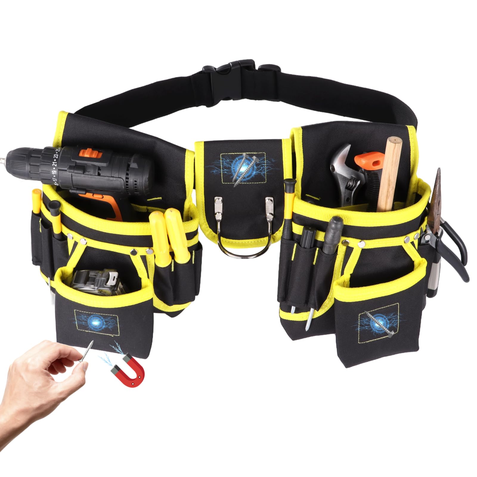 Ceinture porte-outils 26 poches pour homme, modèle renforcé avec boucle à dégagement rapide réglable, fixation ferme, pochettes amovibles, porte-marteau, pour électriciens, chantier, bricolage