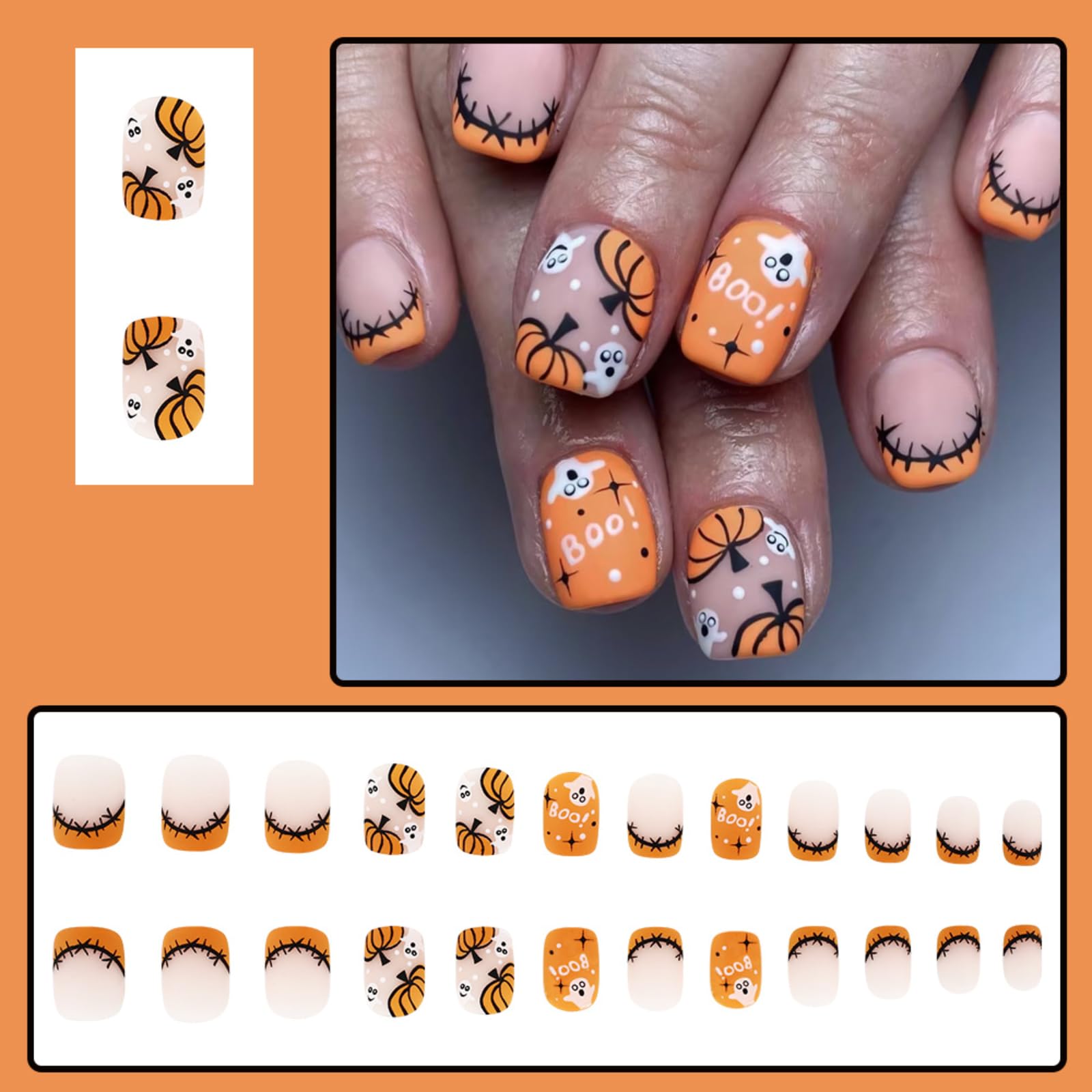 24Pcs Halloween Nails, Autumn Press on Nails with Pumpkin Ghost Designs - Image 2