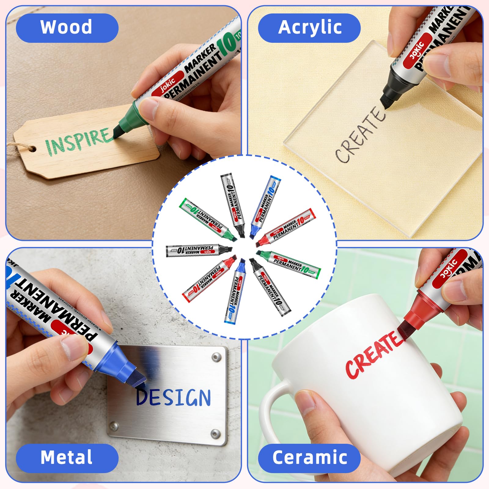 Pennarello permanente, impermeabile, nero, rosso, blu, verde, 9 penne impermeabili, punta a cuneo, 3 mm - 11 mm, matita permanente, ad asciugatura rapida, per acrilico, vetro, legno, metallo