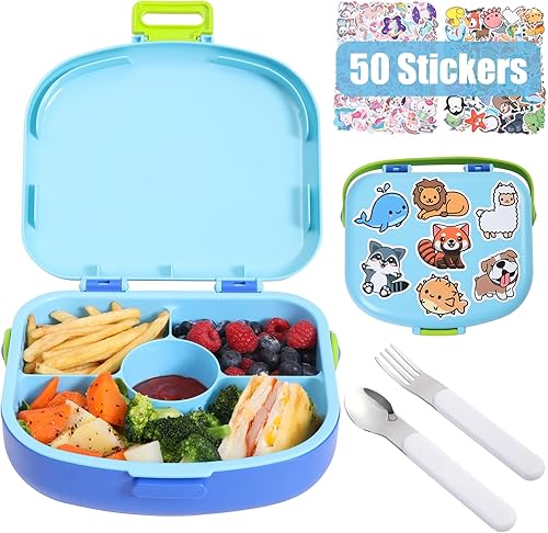 HAIXIN HOME Bento Box - Lonchera a prueba de fugas para niños, contenedores de lonchera con 4 compartimentos, incluye 50 calcomanías para que los