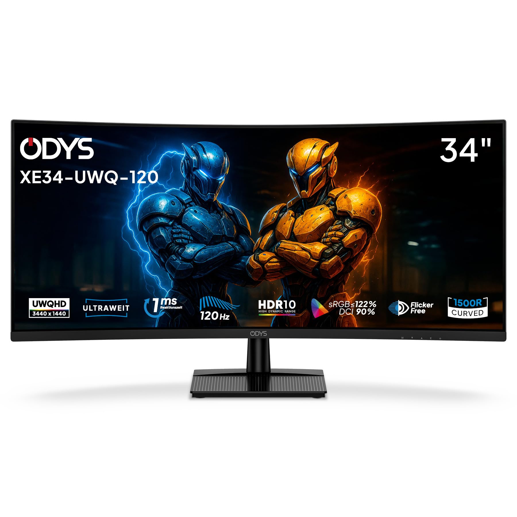 ODYS Curved Gaming Monitor – 34 Zoll UWQHD (3440x1440), 120 Hz, 1 ms, 1500R