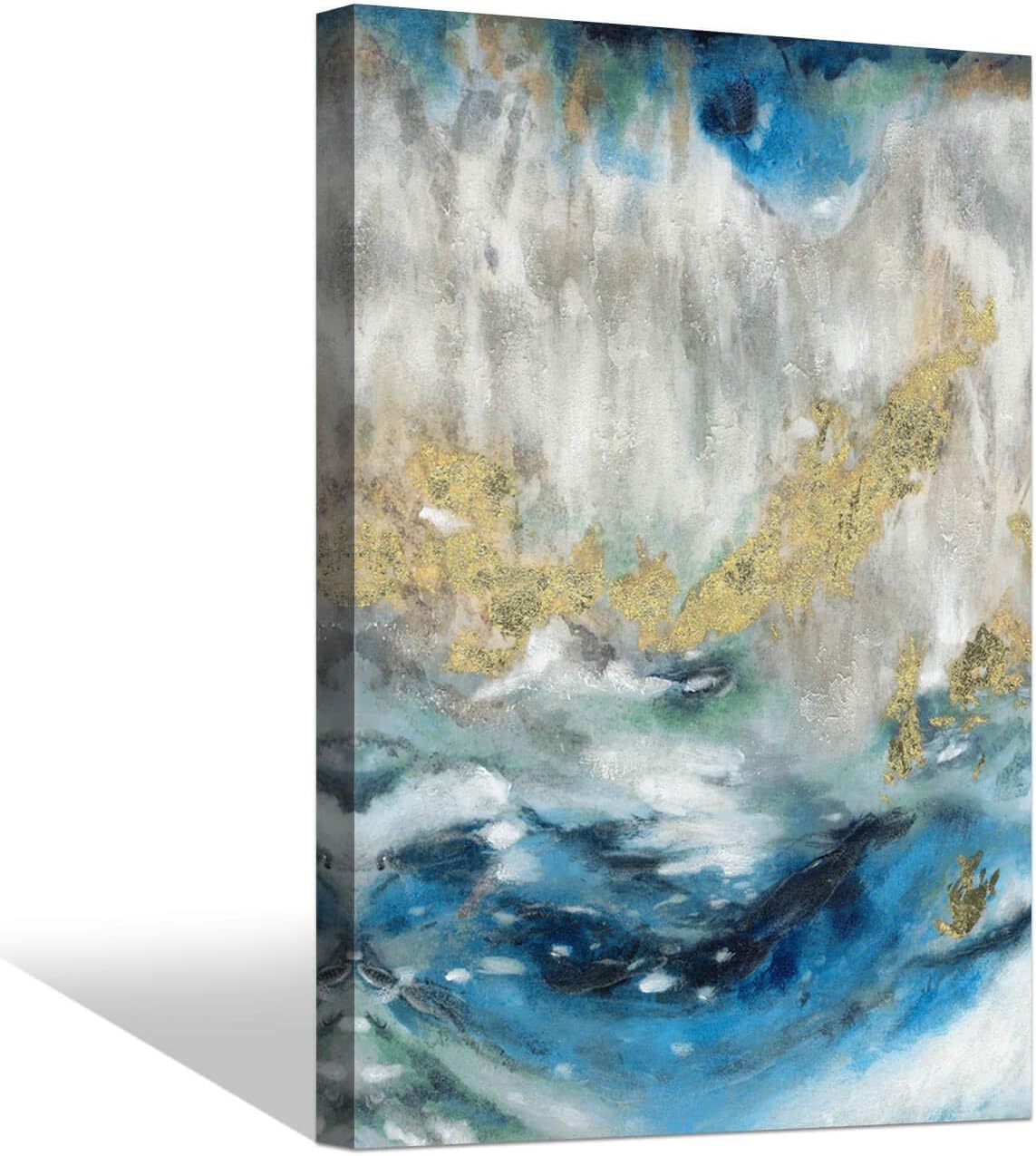 SD SOFT DANCE Blue Abstract Canvas Wall Art: Swirl Artwork with Gold Foil Painting Hand Painted Print Picture for Living Room (36'' x 24'' x 1 Panel)