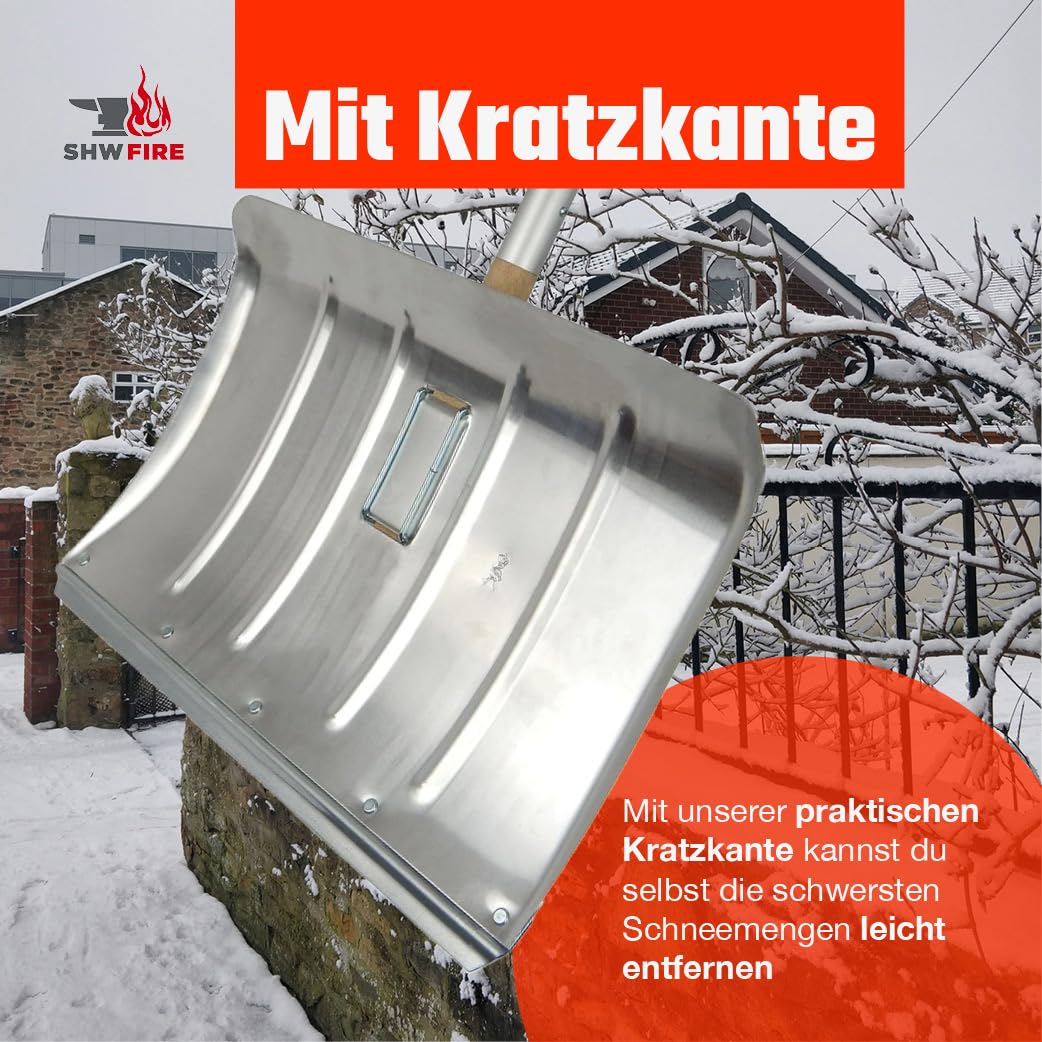 SHW-FIRE | Schneeschieber 50 cm breit, robuster 130 cm Aluminiumstiel mit Kunststoffgriff, ergonomisches Design, mit Aluschutzkante, ideal für Schneeräumung & Winterarbeiten | Made in Germany