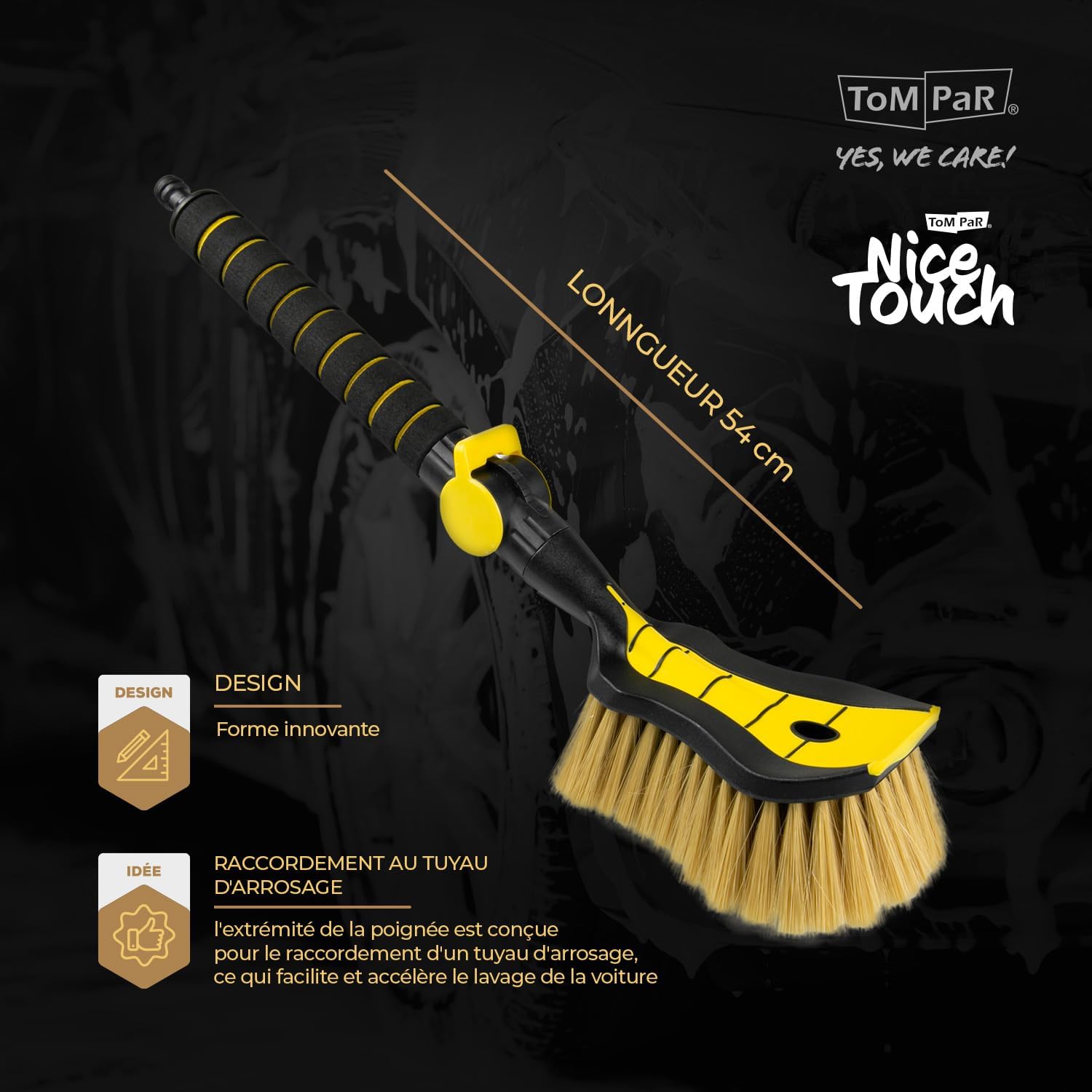 Washing Brush I Water Brush I Car Wash Brush with Water Connection I Quick Release for the Water Valve I Soft, Fine and Delicate Bristles I Comfortable Handle I Length 54 cm I Yellow