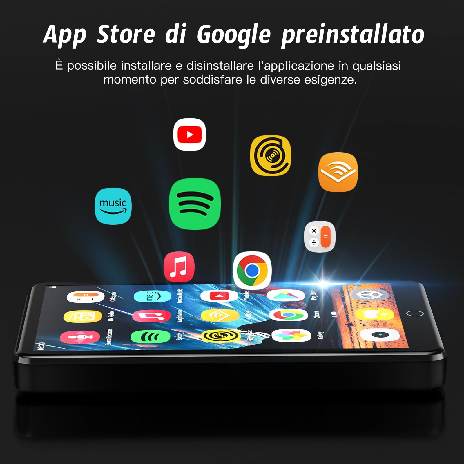 Lettore MP3 con fotocamera da 13 MP, lettore MP4 Android da 4,02" con Wi-Fi e Bluetooth, lettore musicale per bambini con altoparlanti, lettore musicale con Spotify, YouTube e Play Store