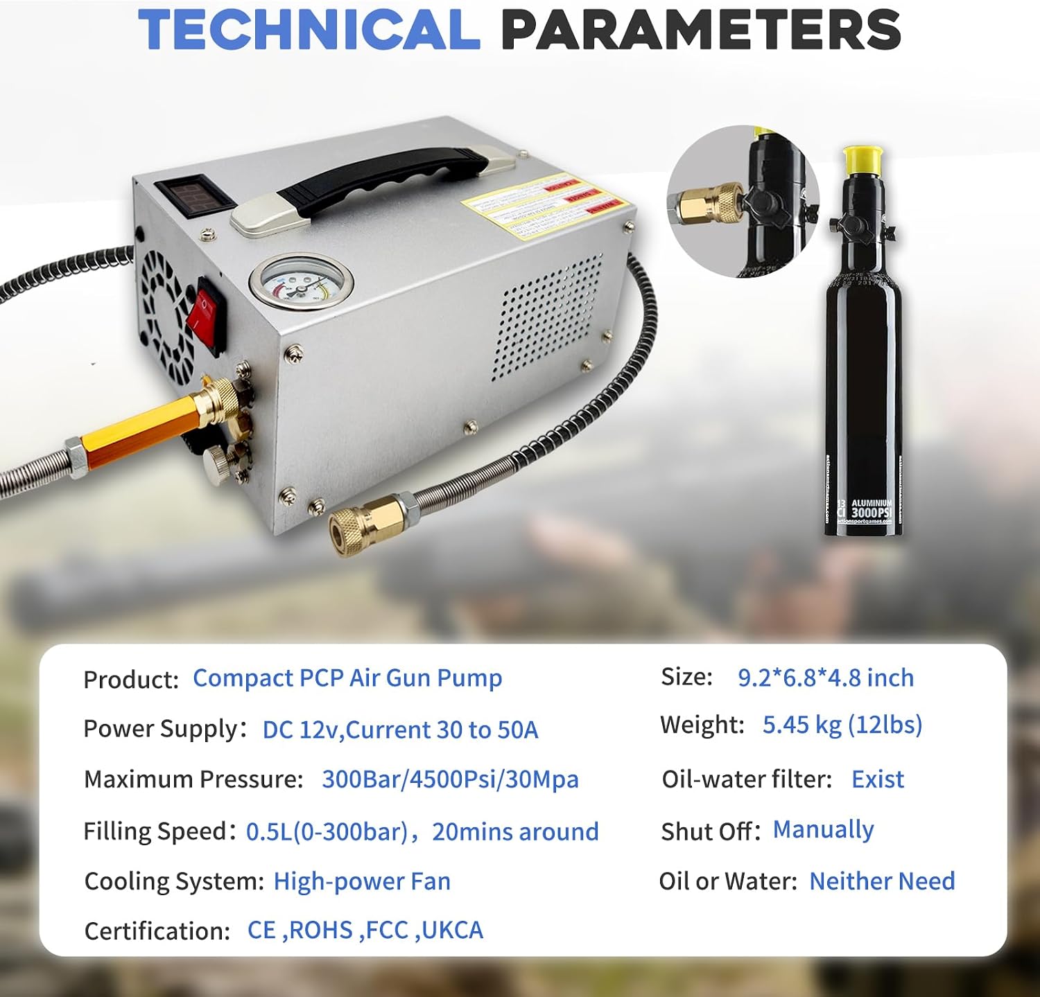 PCP Air Compressor 4500Psi 30Mpa,With Power Adapter 12V DC/110V AC PCP Airgun Compressor,Built-in Fan,Water/Oil-Free,Manual Shut Off Portable PCP Pump,HPA Compressor for Paintball/PCP Rifle/Scuba Tank